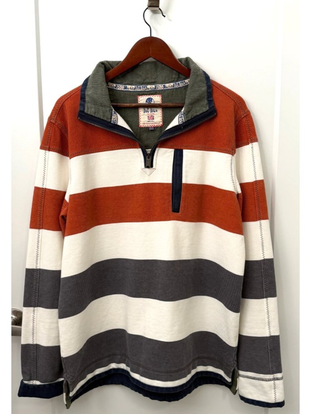 Fat Face Airlie Rugby Stripe Quarter Zip Pullover Mens Medium Reg Orange Gray